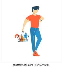 Man in supermarket with shopping cart byuing fruits, bread and other food. Shopping in the grocery store. Guy waiting in the line. Isolated flat vector illustration