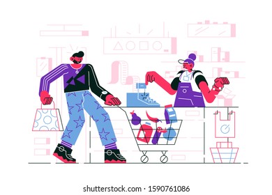 Man in supermarket vector illustration. Guy in casual clothes with trolley full of purchases standing near cash register in store flat style design. Shopping concept