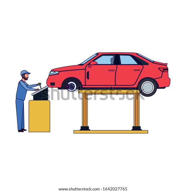 man supervising a lifted car over\
white background, colorful design, vector\
illustration