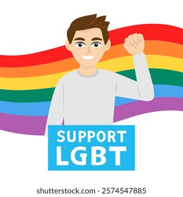 Man Support Lgbt Community. LGBTQ gay pride flag colors. Illustration, Vector, Poster, Background or wallpaper.   