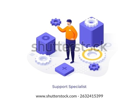 Man, a support specialist, stands with gears. Customer service, technical assistance, and problem solution concept for business. Vector illustration in isometric style.