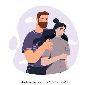 Hombre Asistencia mujer disgustada. El joven abraza y calma a su novia. Pareja con Asistencia psicológica. Chica con depresión y frustración, dolor. Ilustración vectorial plana aislada sobre fondo blanco