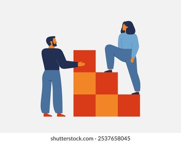 Man support woman in career and personal growth. Female climbs up the ladder with help her husband or teacher. Mentorship and teamwork business concept. Vector illustration