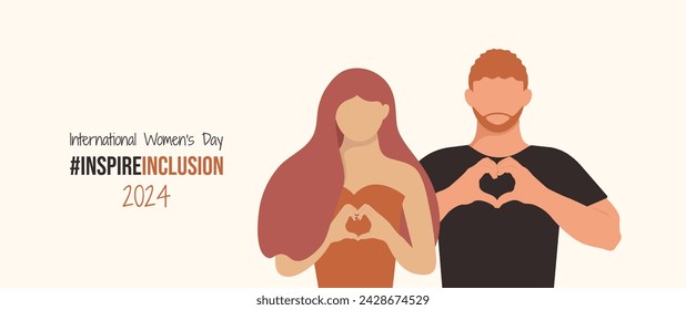 Man support Woman and fold hands with heart for Inspire Inclusion International Women's Day 2024 banner. IWD background Boyfriend friend husband brother together and Woman Strike InspireInclusion pose