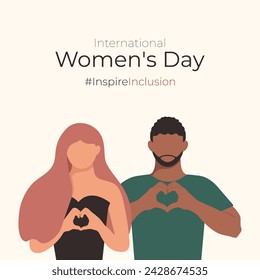 Man support Woman and fold hands with heart for Inspire Inclusion International Women's Day 2024 card. IWD poster with Boyfriend friend husband brother father together with Woman. InspireInclusion.