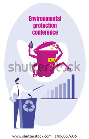 Man Supporting Environmental Protection Banner Vector Illustration. Conference with Speaker Standing Behind Desk and Giving Information about Planet Pollution. Robotic Garbage Bin.
