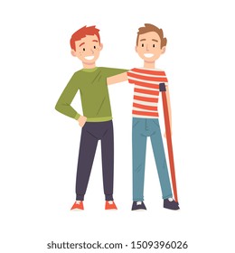 Man Supporting His Friend with Injured Leg, Friendship and Support, Disabled Person Enjoying Full Life Vector Illustration