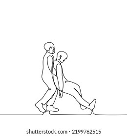 man supporting weakened unconscious man - one line drawing vector. concept first aid, support