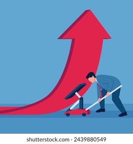 Man supports arrow to move upwards, illustration for increasing profits.