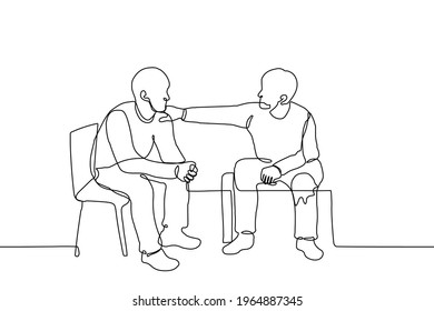 man supports a friend, a guy put his hand on a friend's shoulder - one line drawing. two men sit side by side, one of whom addresses or psychologically (morally) supports the other