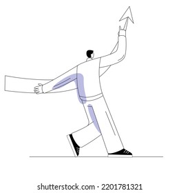 The man supports the growing sales arrow. Vector illustration on the topic of success and sales growth.