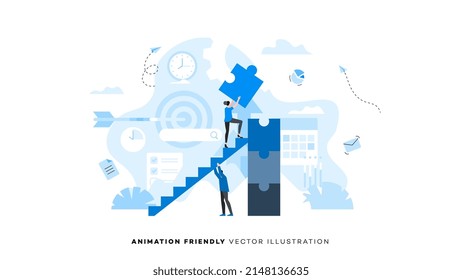 Man supports ladder so that woman can complete tower of puzzles. Animation ready duik friendly vector Illustration. Conceptual business story. Puzzle connection, teamwork abstract metaphor.