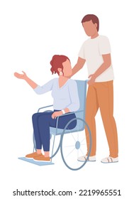 Man supports lady on wheelchair semi flat color vector characters. Editable figures. Full body people on white. Inclusion simple cartoon style illustration for web graphic design and animation