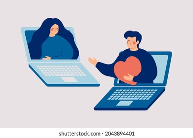 Man supports lonely woman via internet resorse. Online therapy and counseling for people who lose their love or divorce. Psychologist supports Sad girl with a broken heart. Vector illustration