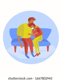 A man supports a sick girl. They are sitting on the couch