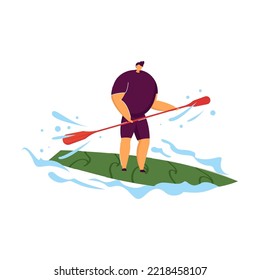 Man surf on board in or ocean. People playing, swimming, surfing, sunbathing flat vector illustration. Summer resort, vacation, water activity concept for banner, website design