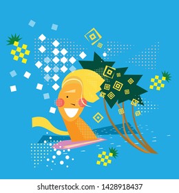 man with surf, palms, waves and pineapples. Vector flat illustration summer concept for ui, ux or web page