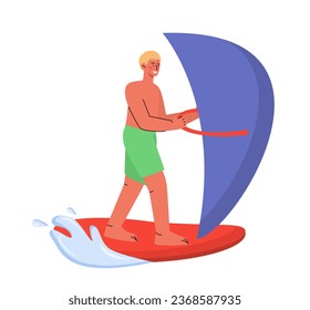 Mann an Surfbrett Konzept. Junge Leute an Bord mit Segel. Erholung und Entspannung auf See und Ozean. Freizeit in tropischen Ländern bei heißem Wetter. Cartoon-FlachVektorgrafik einzeln auf weißem Hintergrund