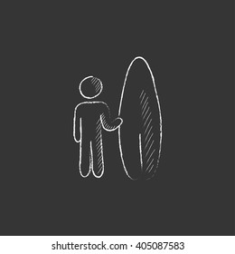 Man with surfboard. Drawn in chalk icon.