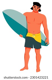 Man with surfboard. Happy surfer in beachwear hold surfboard, isolated on white background. Summer theme. Vector illustration.