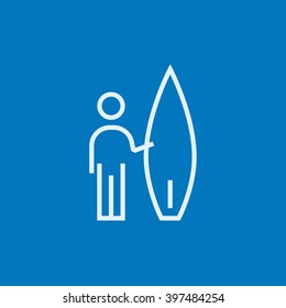 Man with surfboard line icon.