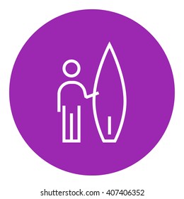 Man with surfboard line icon.