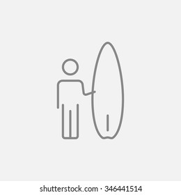 Man with a surfboard line icon for web, mobile and infographics. Vector dark grey icon isolated on light grey background.
