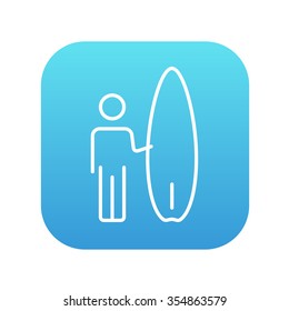 Hombre con un icono de la línea de surf para web, móvil e infografía. Icono de blanco vector en el cuadrado de gradiente azul con esquinas redondeadas aisladas en fondo blanco.