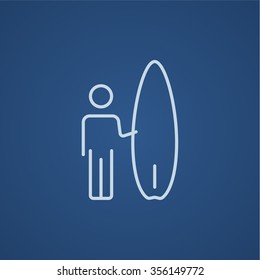 Man with a surfboard line icon for web, mobile and infographics. Vector light blue icon isolated on blue background.