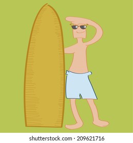 a man with a surfboard on a green background