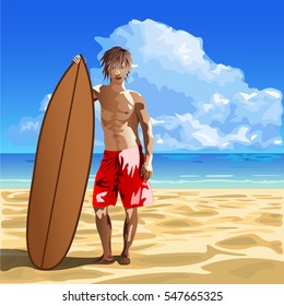 man with surfboard on sandy beach by the sea vector