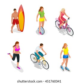 Man with a surfboard. Roller Skating girl. Electric One Wheel Self-Balancing Unicycle Scooter. Girl running. Active isometric vector People. Cyclists on bicycle. Healthy Lifestyle. 