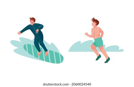 Hombre con deslizador de Surfboard en onda y en marcha a lo largo de un conjunto de vectores costeros