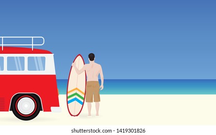 Man with surfboard standing on beach, sea and sky background illustration vector