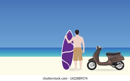 Man with surfboard standing on beach, sea and sky background illustration vector