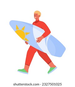 Mann mit Surfboard-Aufkleber-Konzept. Aktiver Lebensstil und Erholung, Extremsport. Tourist Surfer. Aufkleber für soziale Medien. Cartoon-FlachVektorgrafik einzeln auf weißem Hintergrund