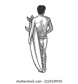 Man with surfboard vector illustration in engraving style. Sporty athletic man with surfboard