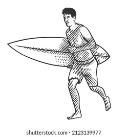 Man with surfboard vector illustration in engraving style. Sporty athletic man with surfboard