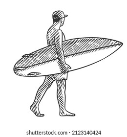 Man with surfboard vector illustration in engraving style. Sporty athletic man with surfboard