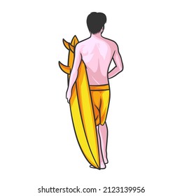 Man with surfboard vector illustration. Sporty athletic man with surfboard on beach
