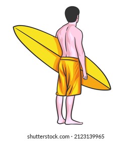 Man with surfboard vector illustration. Sporty athletic man with surfboard on beach
