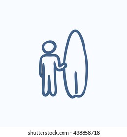 Man with surfboard vector sketch icon isolated on background. Hand drawn Man with surfboard icon. Man with surfboard sketch icon for infographic, website or app.