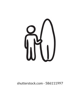 Man with surfboard vector sketch icon isolated on background. Hand drawn Man with surfboard icon. Man with surfboard sketch icon for infographic, website or app.