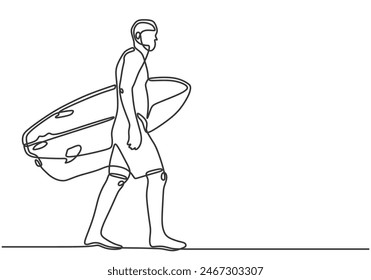 Man surfer athlete bring surfing board in one continuous single line art drawing style isolated on white background.