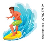 Man surfer balancing on board in front of splashing wave. Vector cartoon illustration