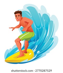 Man surfer balancing on board in front of splashing wave. Vector cartoon illustration