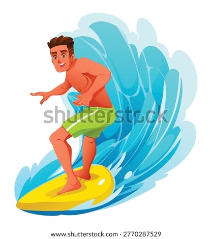 Man surfer balancing on board in front of splashing wave. Vector cartoon illustration