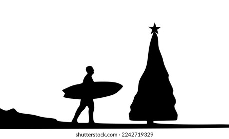 Mann surft neben Weihnachtsbaum