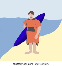 hombre surfista en una bata seca brillante cerca de tablas de surf en una playa de arena tropical con cielo azul. el paisaje de la orilla del mar. ilustración vectorial plana aislada y colorida. concepto de diseño gráfico