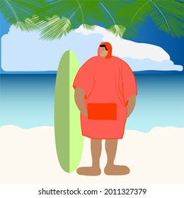 man surfer in bright dry robe stands near surfboards on sandy tropical ocean beach with blue sky. sea shore landscape. isolated flat colorful vector illustration. graphic design concept